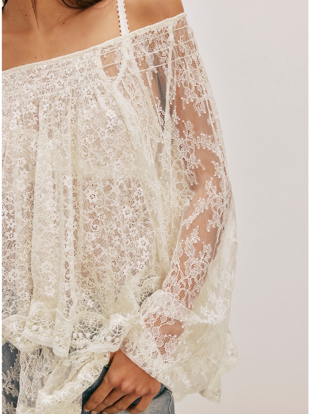 Free People Cream Lace Off-Shoulder Peasant Blouse - Picture 2 of 3